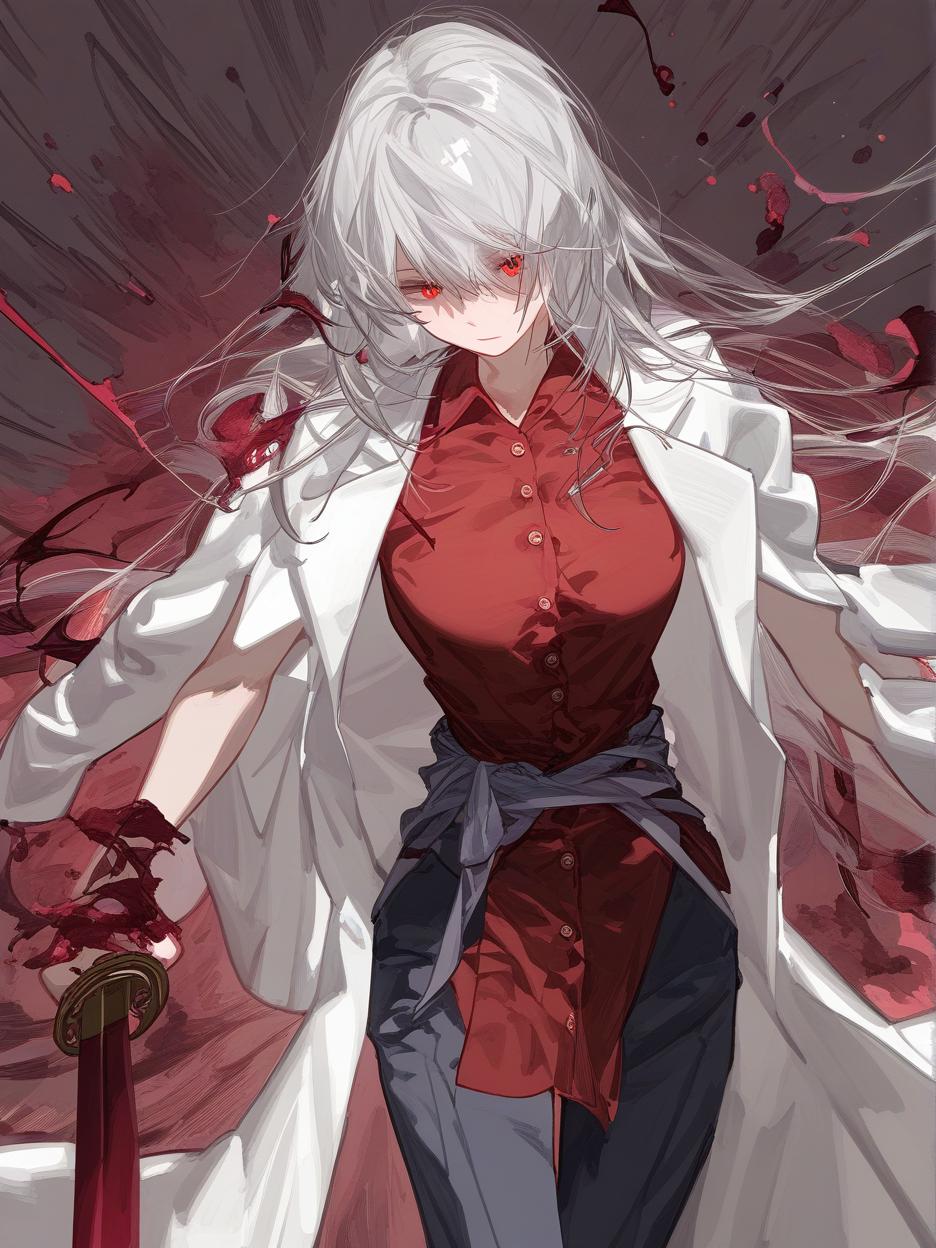  create for me a character with anime manga art. a woman with long, frayed silver hair, which even covers her face. she has deep, lifeless red eyes resembling wine. she wears dark dress pants. a red dress shirt with buttons on its front seam, two thin belts under its bust. a light gray lab coat on the shoulders. she walks around with two katanas around her waist. . best quality, high resolution