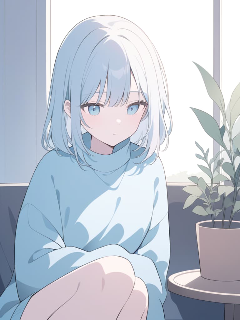  "a soft and tranquil illustration of a girl with short,pastel colored hair sitting quietly. she is wearing an oversized,light blue sweater that ds loosely over her small frame. the background is minimalist,with a muted blue tone,and a potted plant is placed beside her,adding a touch of greenery to the scene. the girl's expression is calm but slightly melancholic,with a subtle look of contemplation. the art style is clean and delicate,with thin lines and soft shading,giving the image a serene and introspective mood."