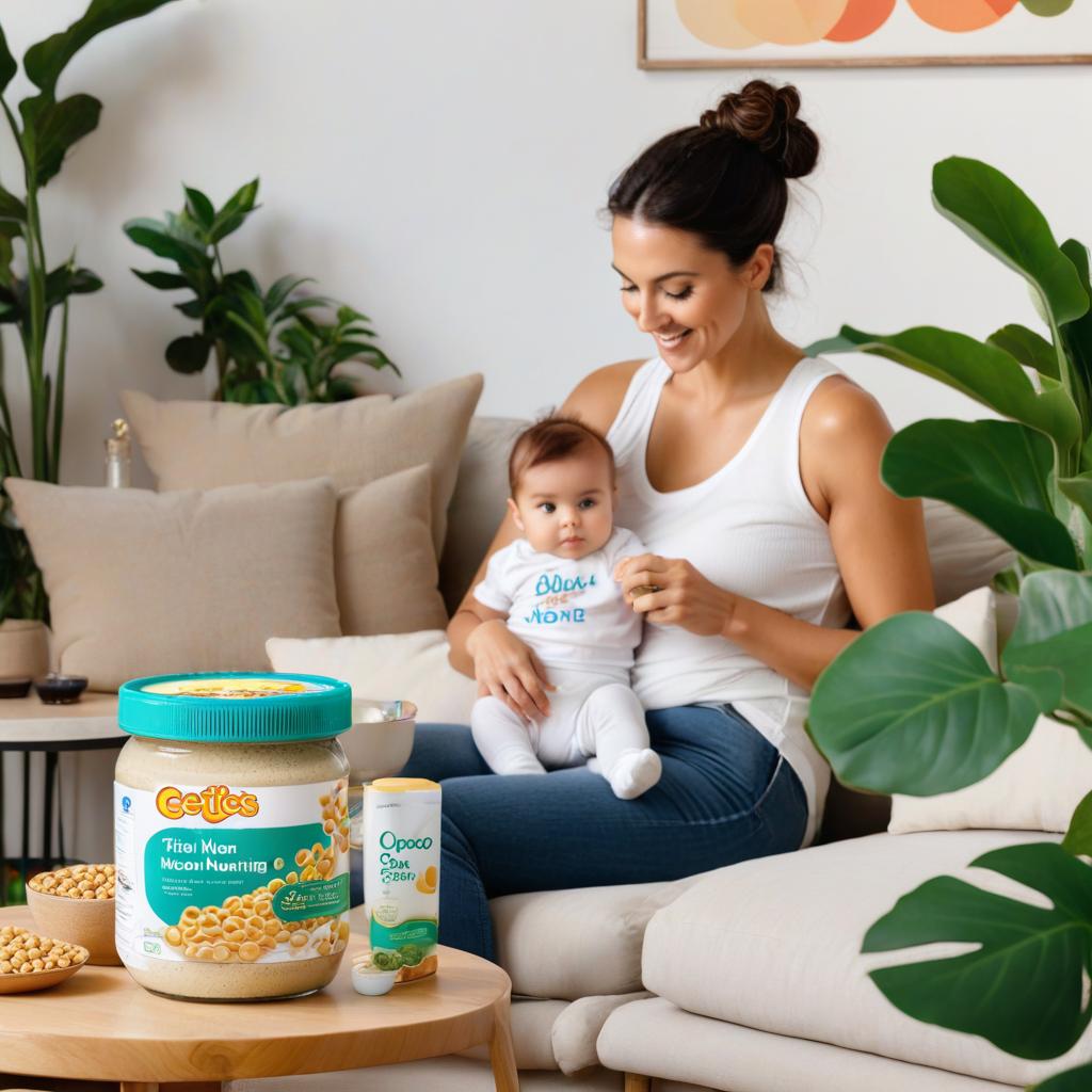  mother nursing her baby with cheerios in hair and baby food in the foreground in the living room on a couch surrounded by plants