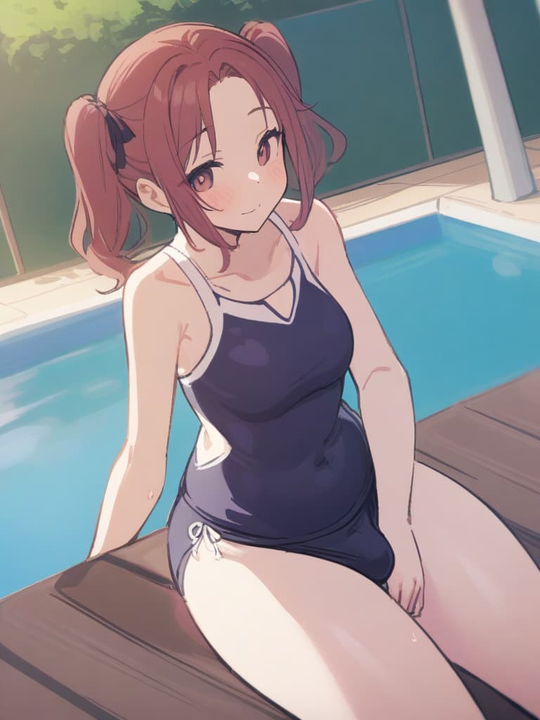  women's elementary students (with male), twin tails, cute smiles, rich s, short stature, dark blue swimwear, old swimwear, swimwear, simple, (swelling), upward, (bulge), front, whole body, pool side,