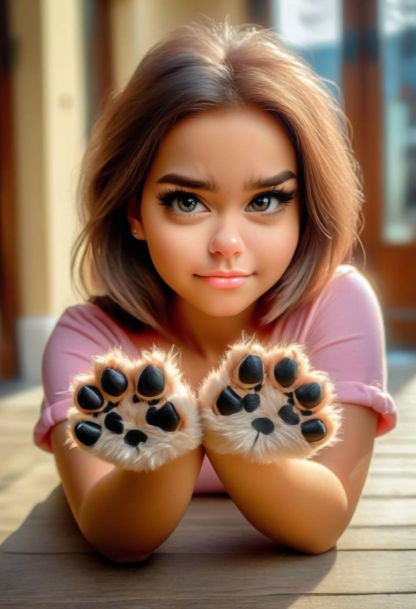  cute young woman with fluffy paws as hand and pinky claws at nail design studio, perfect hands, perfecteyes