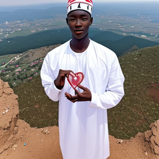  A Ghanaian boy standing beside a clean decorated human heart on top of a mountain