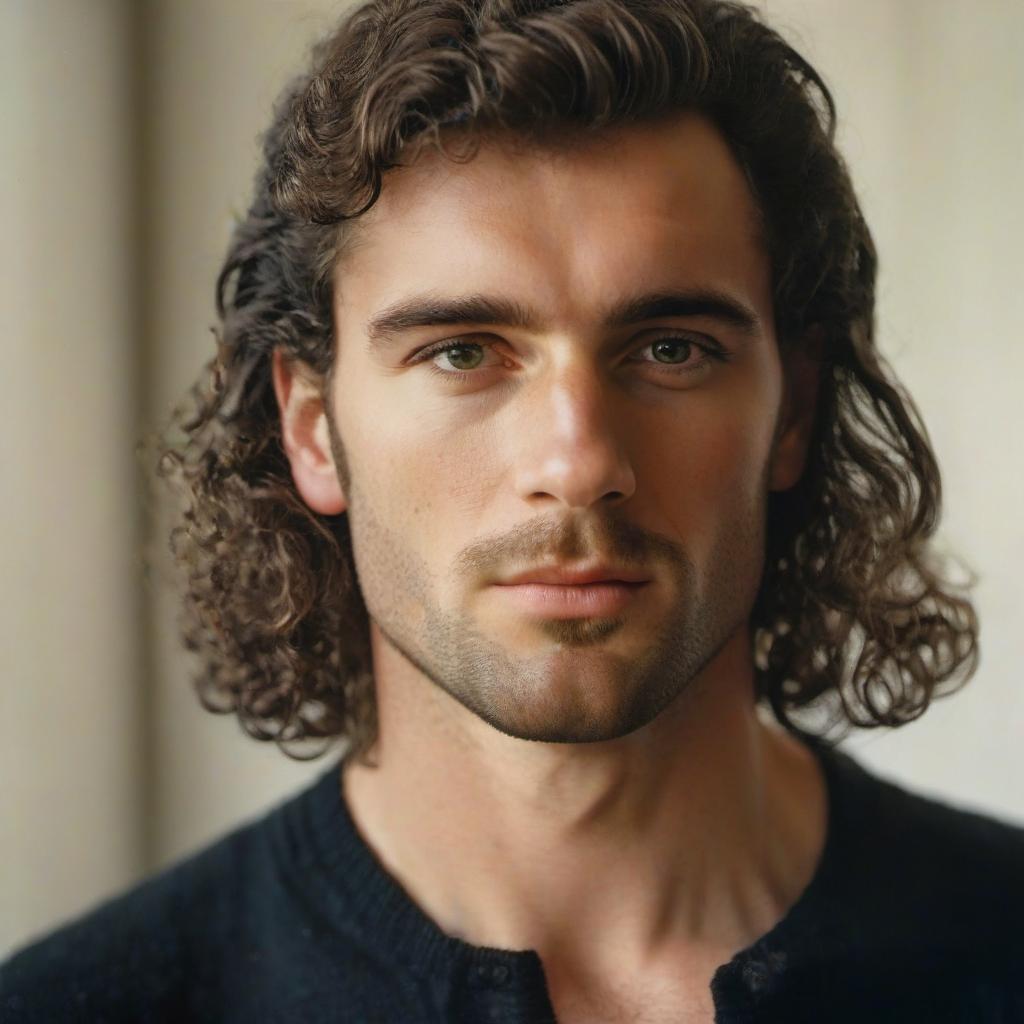  cinematic photo a very handsome irish man. curly hair, dark bristles. . 35mm photograph, film, bokeh, professional, 4k, highly detailed, film photography style