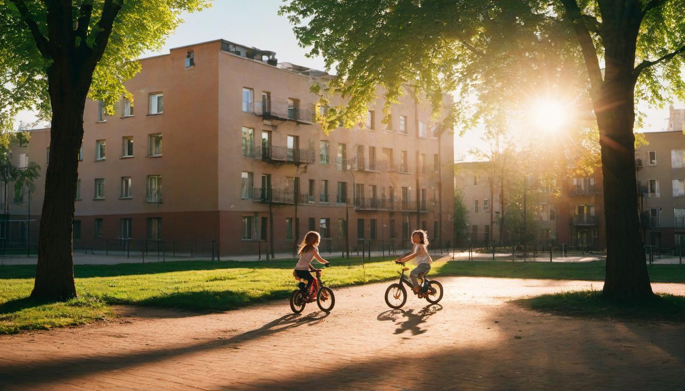  cinematic photo courtyard, apartment building, trees, playground, children, girl on a bike, happy family, sun, sun rays, sky . 35mm photograph, film, bokeh, professional, 4k, highly detailed, film photography style