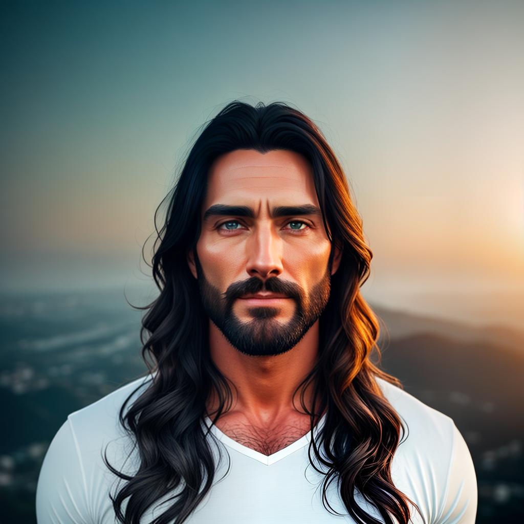  Jesus Christ, a Jesus Christ, handsome gorgeous face, show by 8k, his eyes and a face looking on camera lens hyperrealistic, full body, detailed clothing, highly detailed, cinematic lighting, stunningly beautiful, intricate, sharp focus, f/1. 8, 85mm, (centered image composition), (professionally color graded), ((bright soft diffused light)), volumetric fog, trending on instagram, trending on tumblr, HDR 4K, 8K