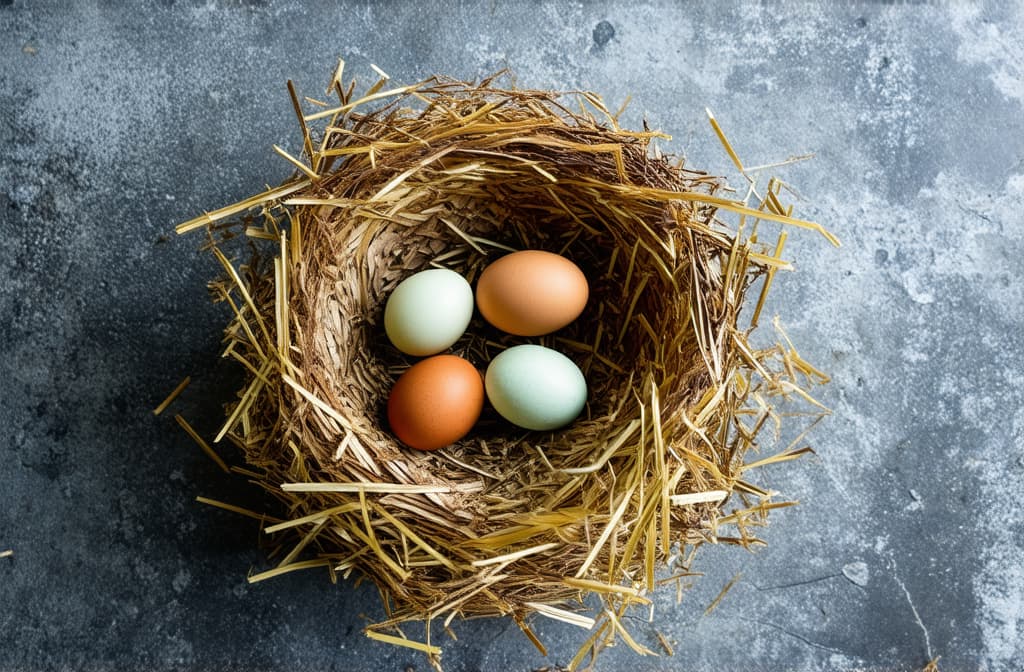  from above nest with hay and eggs on concrete background as a easter card concept ar 3:2 {prompt}, maximum details