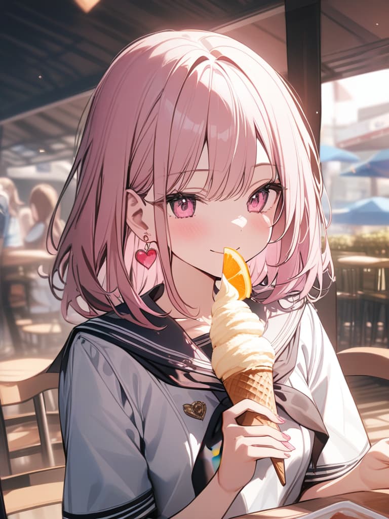  heart earrings, girls, gold and pink hair, sailor suit, cute, ice cream, smile, masterpiece, best quality,8k,ultra detailed,high resolution,an extremely delicate and beautiful,hyper detail