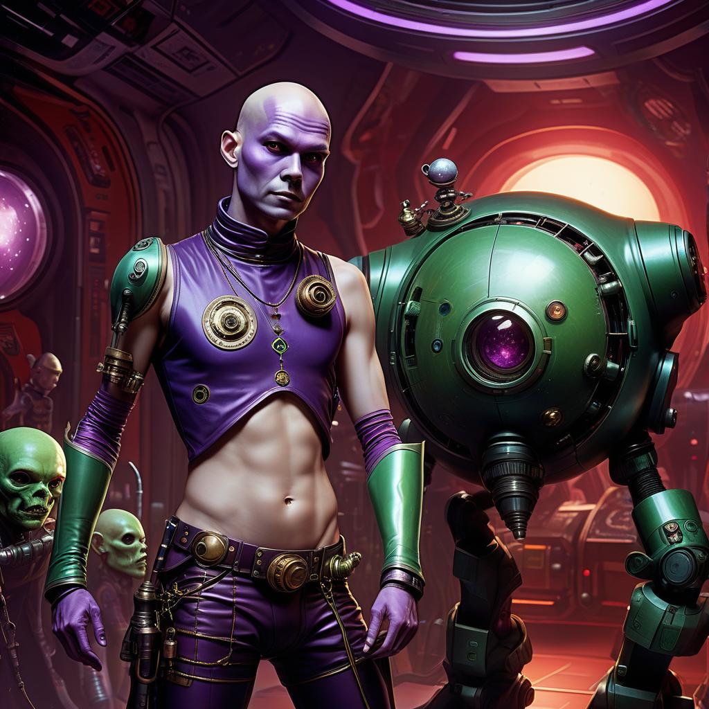  space themed a group of space pirates, a young alien of thai appearance, 20 year, purple skin, medium sized elastic , elegant thin waist, long slender legs, green hair. man, 40 year, small, fat, bald, black. next to the droid and minotaur. full length image, steampunk, dieselpunk, paropunk, standing in a space tavern, against a background of red light. . cosmic, celestial, stars, galaxies, nebulas, planets, science fiction, highly detailed