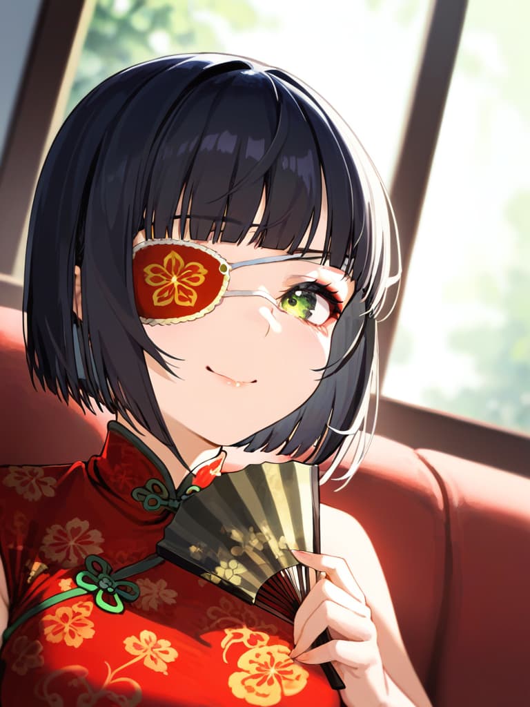  ultra detailed:1.2,masterpiece:1.2,best quality,masterpiece,bestquality,hdr:1.1,8k:1.1,very cute girl:1.3,(black hair,bob cut,long hair,blunt bangs:1.4),((white china dress,japonica pattern:1.5)),(chinaese makeup:1.6),((redrose object eyepatch:1.6))(seductive smile:1.3),(sitting couch:1.3)((cross legs:1.3)),(head rest:1.3),(holding open handfan:1.7)(upper body,face focus:1.4),(dutch angle:1.5),close mouth