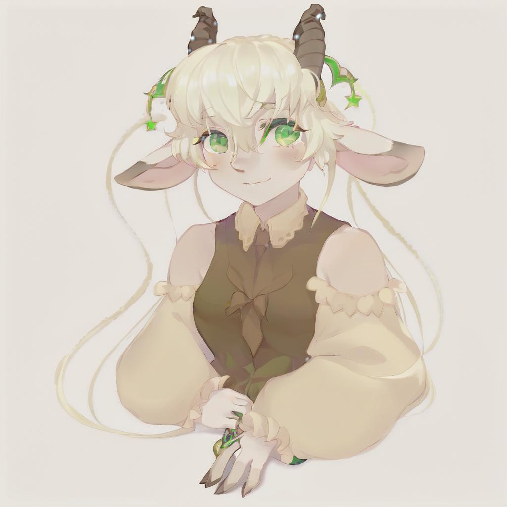  anime artwork anthropomorphic goat, blonde, long hair, curls, bangs, dressed in fairy core style, green eyes. a picture is an avatar for vitubing, neutral color background . anime style, key visual, vibrant, studio anime, highly detailed