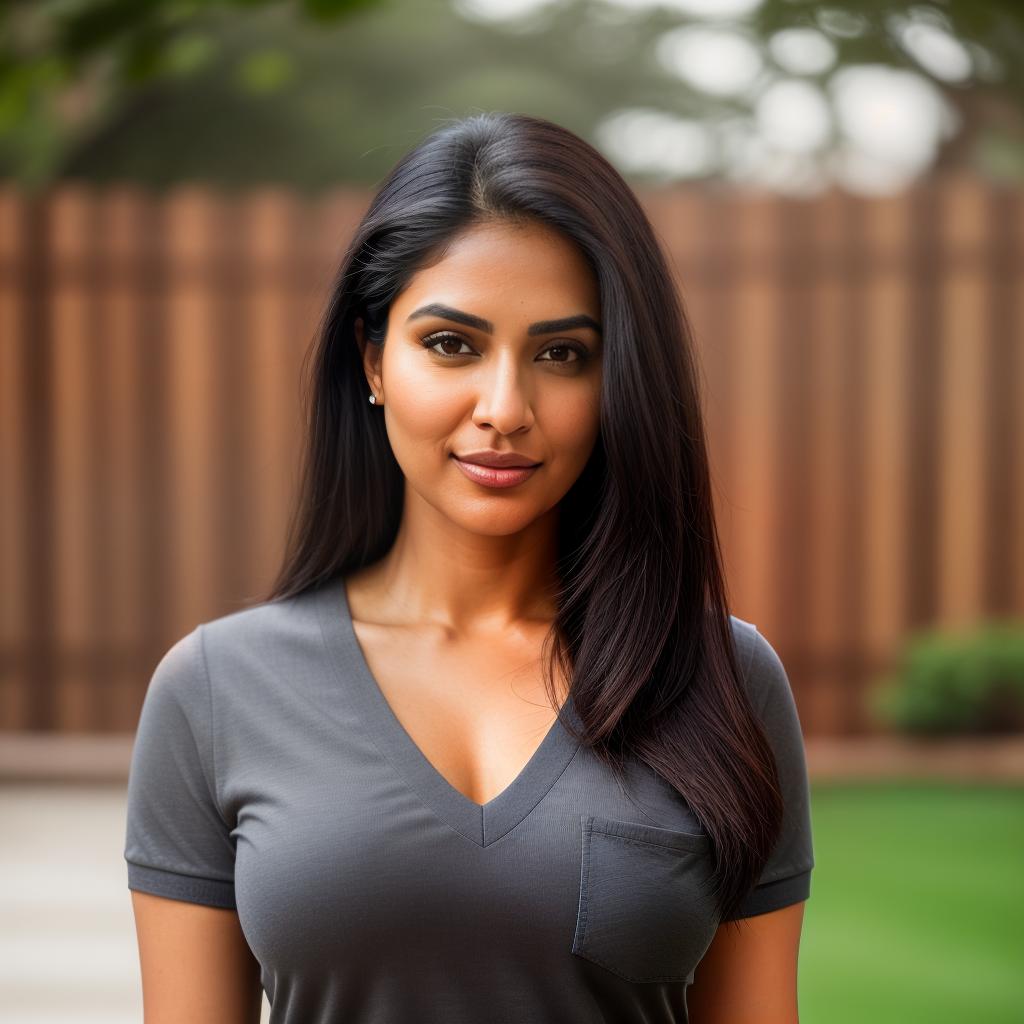  (((realistic full torso frontal head shot of a light brown to medium brown skin tone woman))), esha sapna saxena, ((indian heritage)), immature face, green eye color, ((straight hair style)), ((black hair color)), (( body type)), medium size, small size, (immature straight nose), (immature prominent cheekbones), (immature smooth jawline), (immature full lips), (immature broad forehead), (immature even eyebrows), (immature dimpled chin), standing straight looking directly into the camera,((wearing fitted polo shirt with deep v neck and monogrammed pocket)), backyard in background, 1, best quality, highest quality, award winning photo, masterpiece, raw, professional photography, photorealism, sharp focus, cinematic, hyperrealistic, full body, detailed clothing, highly detailed, cinematic lighting, stunningly beautiful, intricate, sharp focus, f/1. 8, 85mm, (centered image composition), (professionally color graded), ((bright soft diffused light)), volumetric fog, trending on instagram, trending on tumblr, HDR 4K, 8K