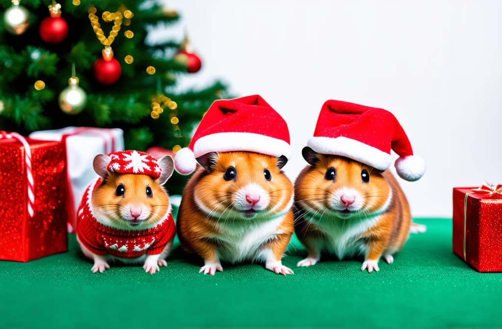  professional detailed photography, a family of funny cute hamsters dressed up in christmas sweaters and a red hat pose on a christmas background with gifts and a christmas tree ar 3:2, (muted colors, dim colors, soothing tones), (vsco:0.3)