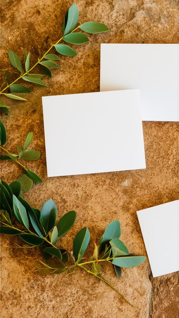  eucalyptus branches on a rough stone surface top view. wediing invitation card mockup. ar 9:16 {prompt}, maximum details