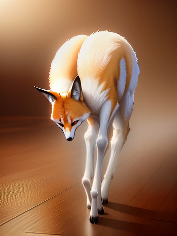   of a fox with a tail, crawling on the floor, close up, shot from behind hyperrealistic, full body, detailed clothing, highly detailed, cinematic lighting, stunningly beautiful, intricate, sharp focus, f/1. 8, 85mm, (centered image composition), (professionally color graded), ((bright soft diffused light)), volumetric fog, trending on instagram, trending on tumblr, HDR 4K, 8K