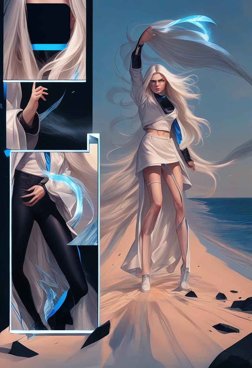  a girl with superpower, releases cold from the palm, a front view, white long loose hair, modern clothes, bright blue eyes