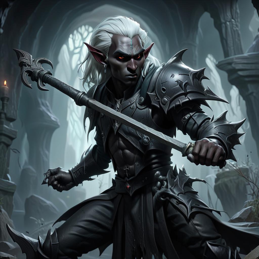  macabre style drow male elf cleric, simble plain black leather jacket, simple iron battle mace, dark cave temple . dark, gothic, grim, haunting, highly detailed, civitai