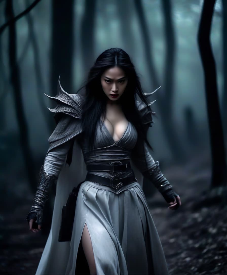  macabre style film actress fei ren in the form of the queen of elves of a thief fighter in long white leather skirts and a mail skirt against the background of a dark hall. . dark, gothic, grim, haunting, highly detailed, perfecteyes, perfect hands