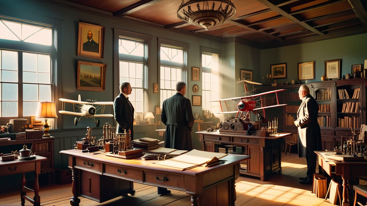  a vintage workshop scene showcasing early 1900s inventors, surrounded by blueprints and wooden airplane models, with sunlight streaming through dusty windows, highlighting tools and sketches of the wright brothers' first aircraft. hyperrealistic, full body, detailed clothing, highly detailed, cinematic lighting, stunningly beautiful, intricate, sharp focus, f/1. 8, 85mm, (centered image composition), (professionally color graded), ((bright soft diffused light)), volumetric fog, trending on instagram, trending on tumblr, HDR 4K, 8K