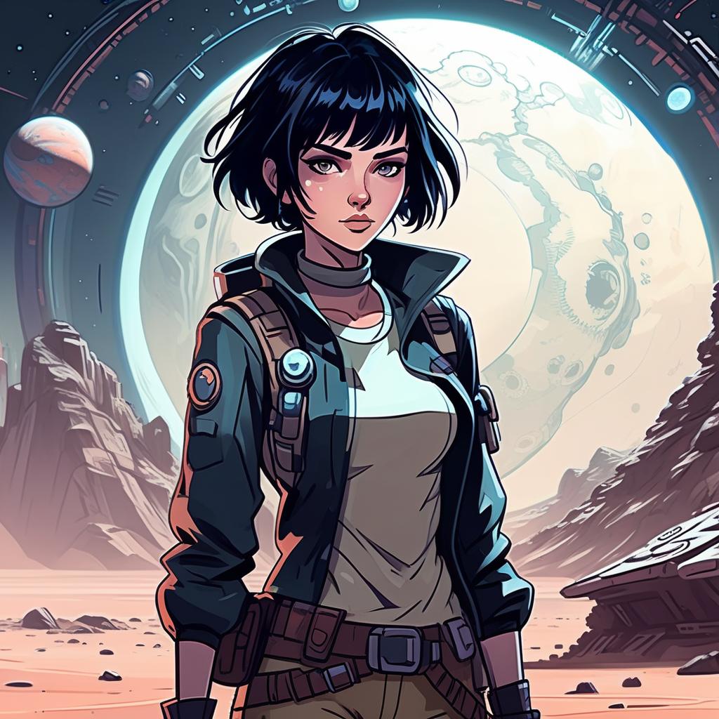  draw a full length female character, a very short hairstyle of black hair, a character living on a distant colonized planet, a tracker