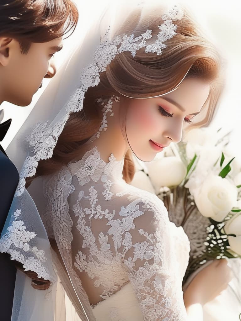  deep brown hair color & red eyes:1.5,lovely and beautiful woman,(((wearing white lace wedding veil & princess line wedding dress))),happy bride,