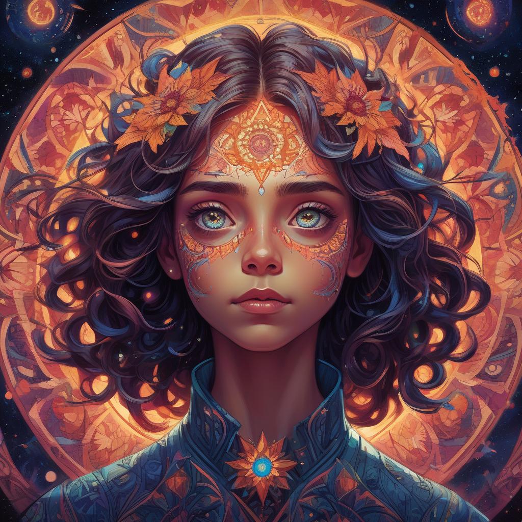  a girl with kaleidoscope eyes, vivid, expressive , centered, symmetry, painted, intricate, volumetric lighting, beautiful, rich deep colors masterpiece, sharp focus, ultra detailed, in the style of dan mumford and marc simonetti, astrophotography