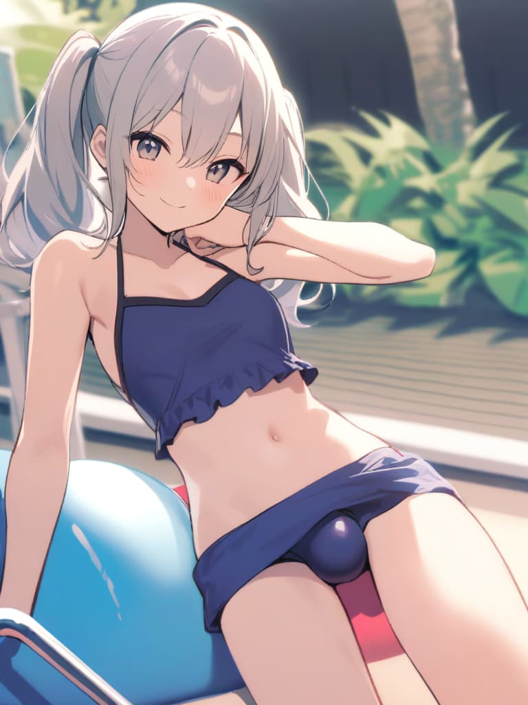  women's elementary students, twin tails, rich smiles, cute smiles, navy blue swimwear, old swimwear, swimwear, simple, male, shaped clear , shaped clear, clear stem, shaped crisp, male bulge,, front. the whole body, pool side,