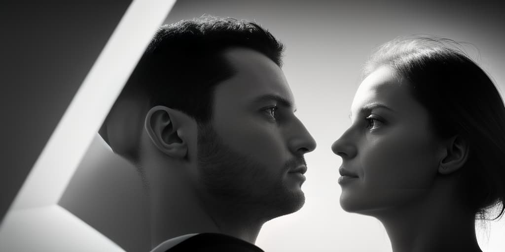  black and white portrait of man and woman looking to each other side perspectice realistic, perfect lighting