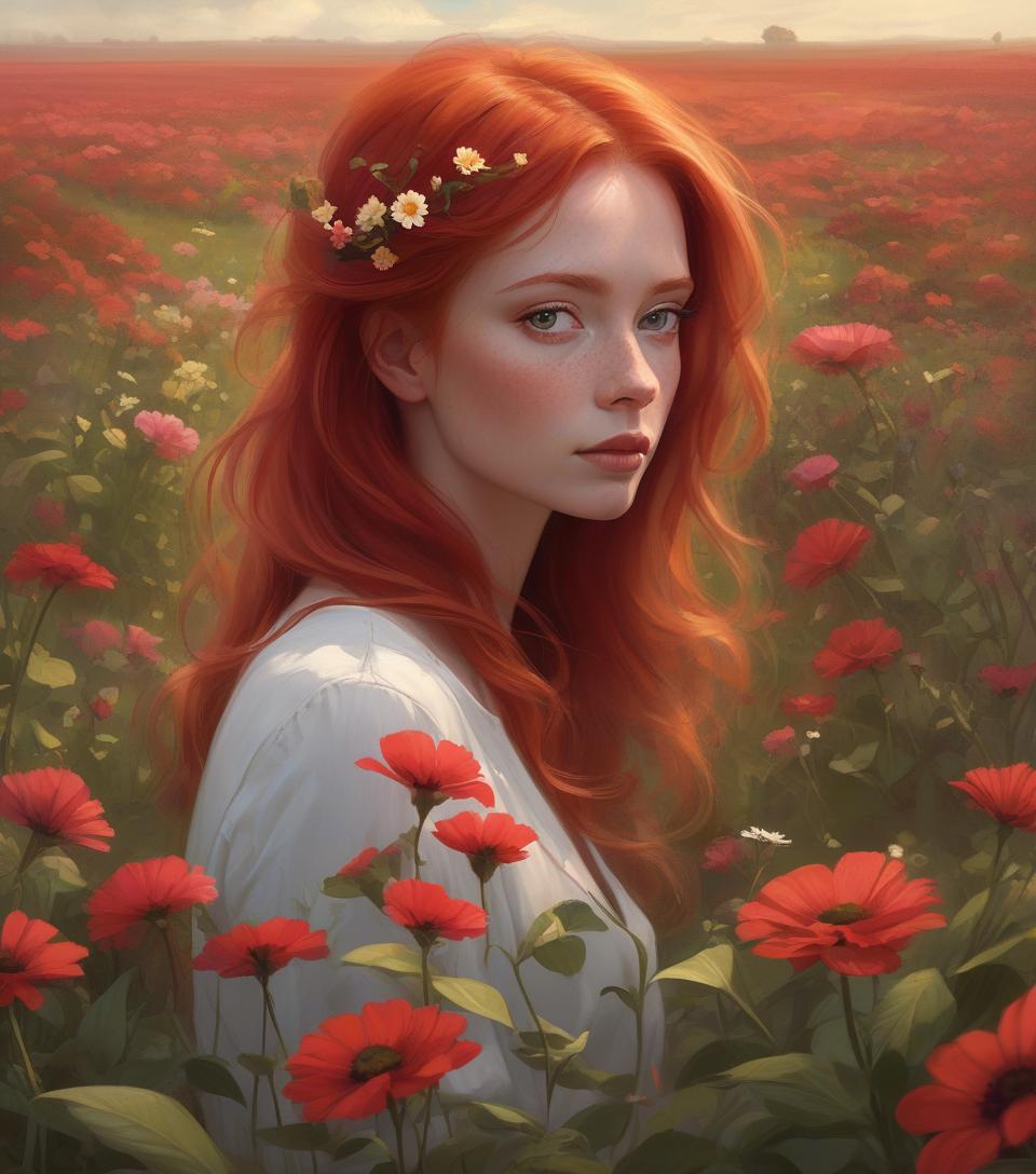  concept art painting &quot;woman with red hair in a flower field&quot;, gorgeous digital painting, beautiful digital painting, galen dara, redhead woman, stunning digital painting, inspired by vincent lefevre, rhads and lois van baarle, digital oil painting, author: mads mountain, digital oil painting, portrait of a red haired girl, by igor grabar . digital artwork, illustrative, painterly, matte painting, highly detailed