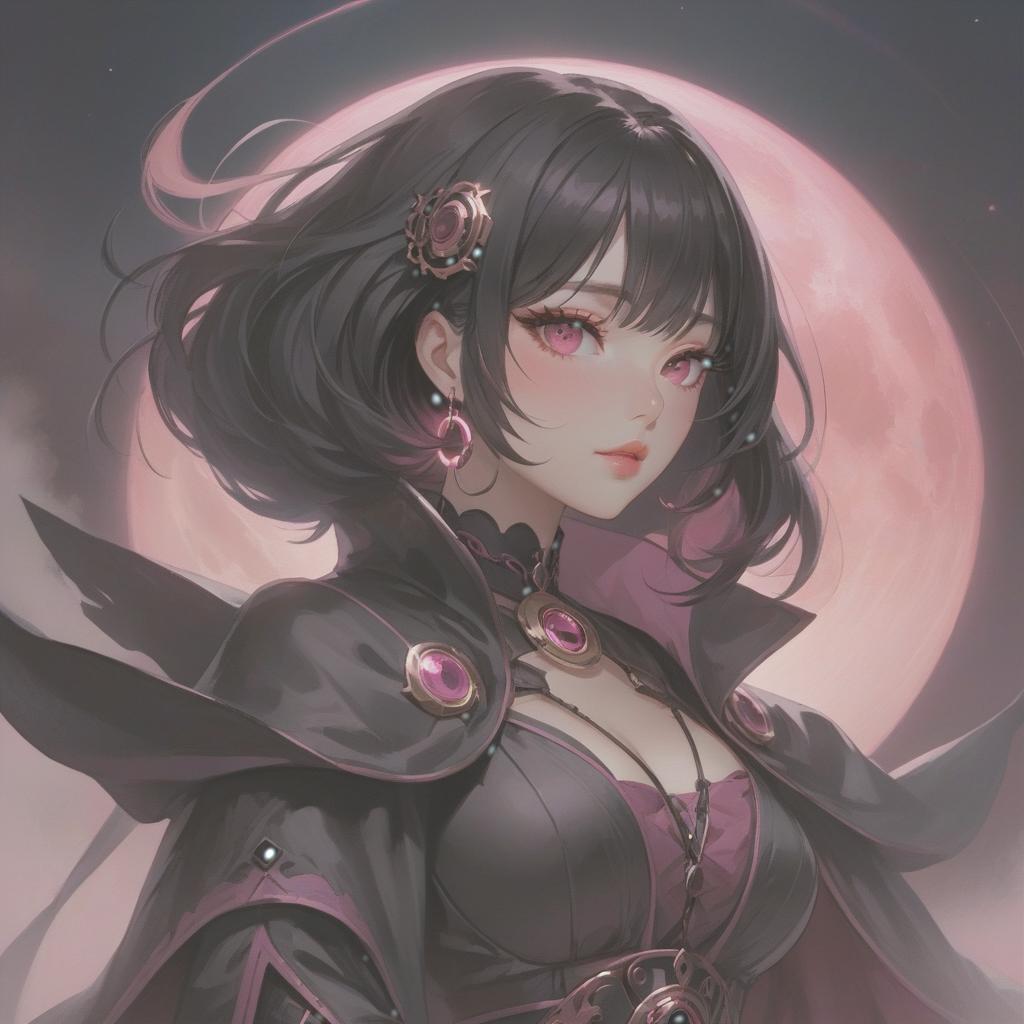  ethereal fantasy concept art of a close up of a person with a pink light in the background, artwork in the style of guweiz, old anime goth girl, dark light night like eyes, ulzzang, streaming, huge black circle, full red moon, mistress, breathtaking render, black bob haircut, circle, epically luminous image,realism . magnificent, celestial, ethereal, painterly, epic, majestic, magical, fantasy art, cover art, dreamy hyperrealistic, full body, detailed clothing, highly detailed, cinematic lighting, stunningly beautiful, intricate, sharp focus, f/1. 8, 85mm, (centered image composition), (professionally color graded), ((bright soft diffused light)), volumetric fog, trending on instagram, trending on tumblr, HDR 4K, 8K