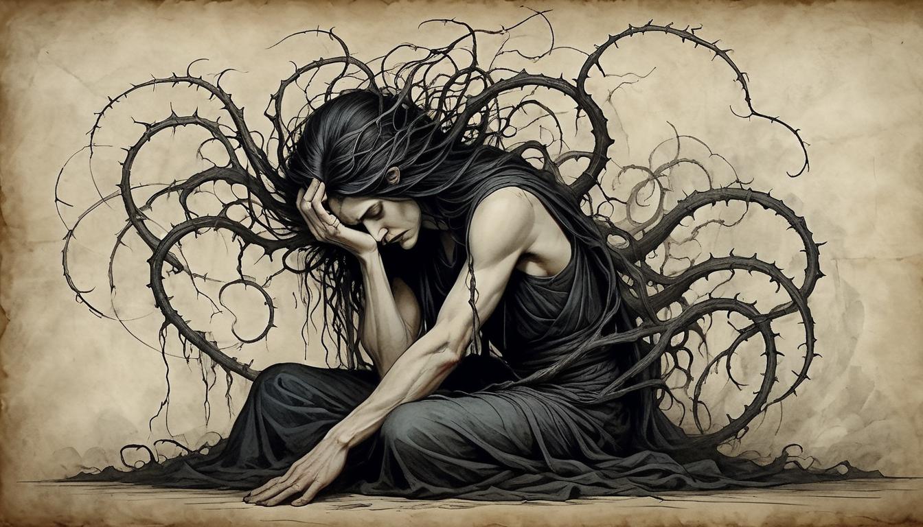  on parchment, surrealism+++, person holding their head in hands, regret depicted as dark tendrils wrapping around, introspective, heavy hearted(mysterious, provocative, symbolic,muted color)+++