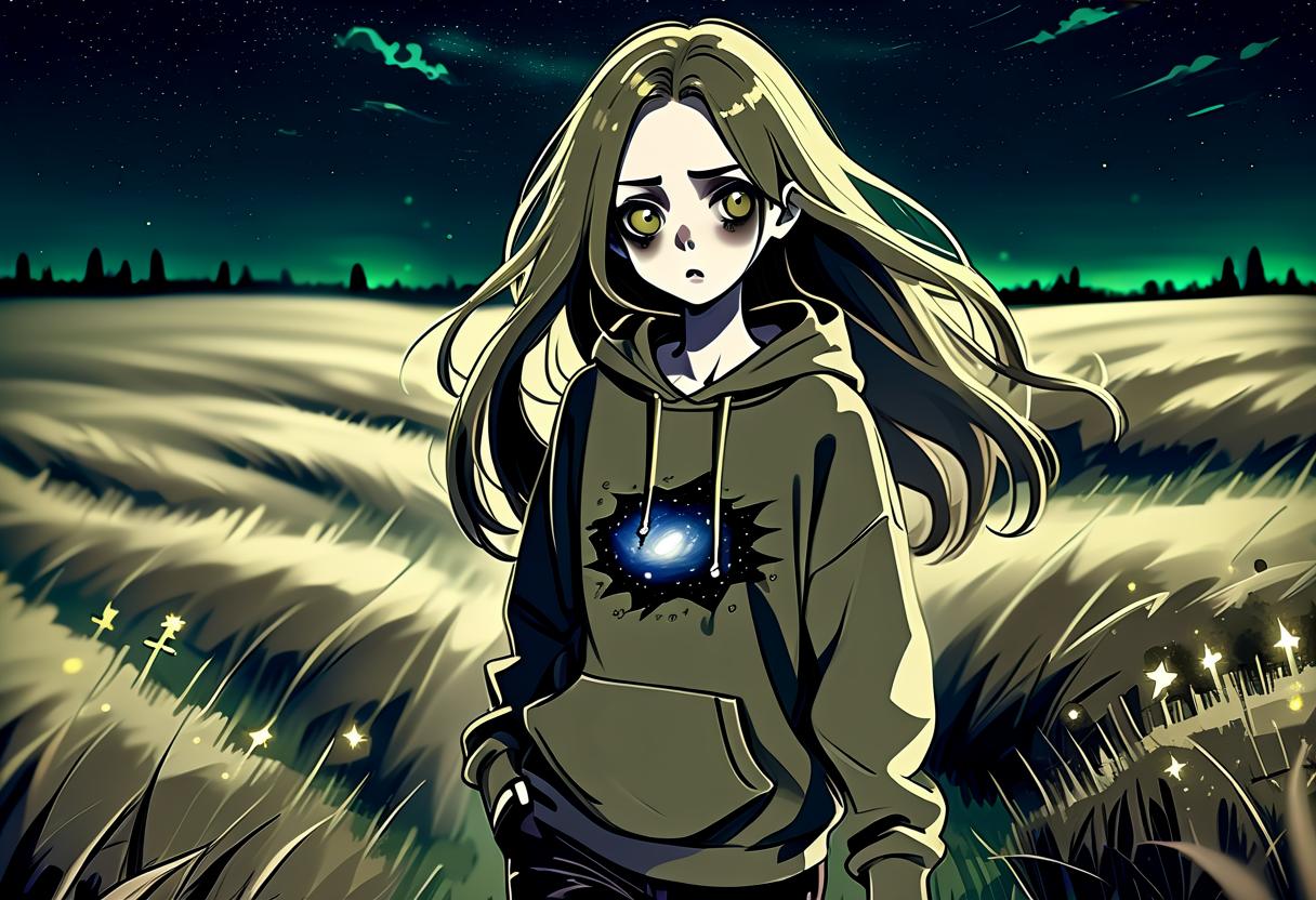  macabre style a girl in anime style with long hair runs around the field at night dressed in a khaki colored sweatshirt and pants. the girl looks at the starry sky at night with black lower eyelids under the eyes of a specific color full of fear of the unknown and curiosity. . dark, gothic, grim, haunting, highly detailed