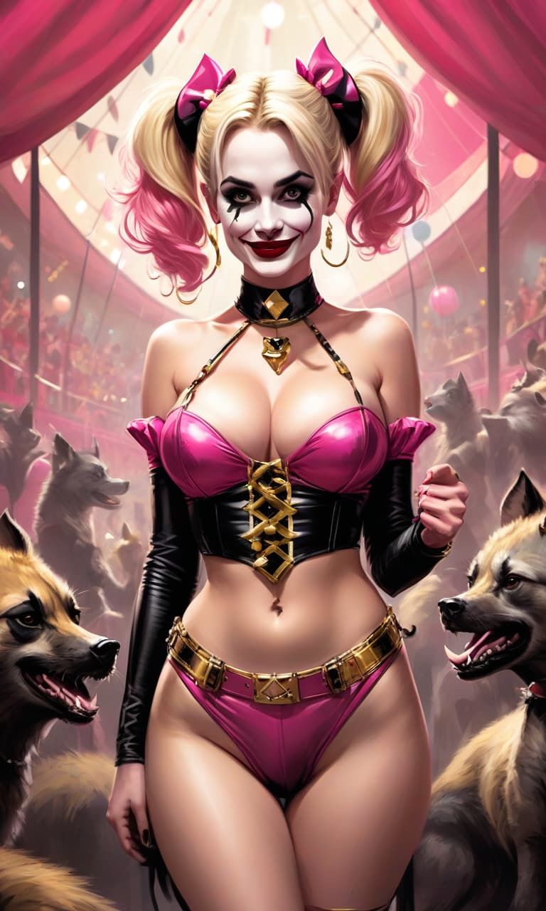  concept art pink, gold, black, white at the margot robbins circus behind the balls margot robbins to the waist as harley quinn two hyena . digital artwork, illustrative, painterly, matte painting, highly detailed, perfect hands