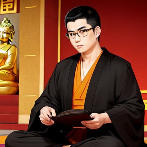  A Buddhist monk with thick eyebrows wearing a black robe and glasses sitting in front of a Buddha statue chanting sutras has a smooth head Retro
