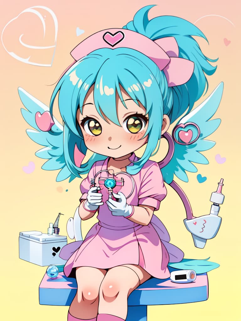  ultra detailed:1.2,masterpiece:1.2,best quality,masterpiece,bestquality,hdr:1.1,8k:1.1,very cute girl:1.3(chibi:1.8),(aqua hair,twin tail:1.2)(cute angel wings:1.2),(lingh pink,nurse:1.3),(sitting wariza:1.2)(smile:1.2)(holding heart shaped syringe:1.4) ,(light yellow color background:1.3)