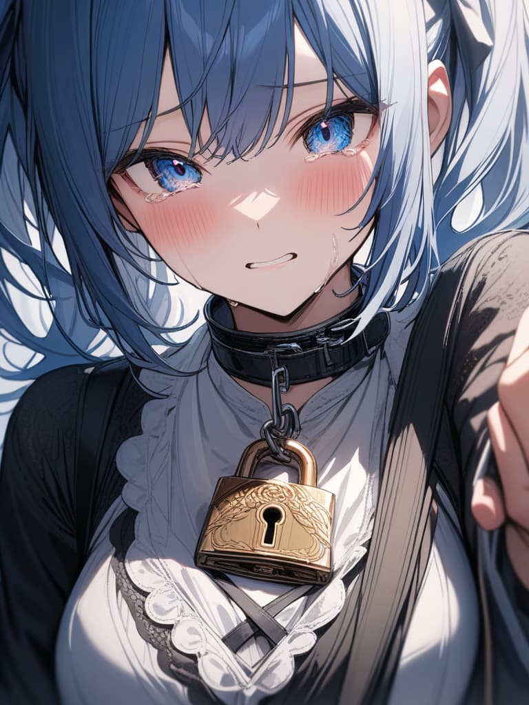  twin tails, blue hair, , , crying face,, small s,,,,,,, with a lock, s, skin, a collar, gles , gles , ren wearing gles, ren, masterpiece, best quality,8k,ultra detailed,high resolution,an extremely delicate and beautiful,hyper detail