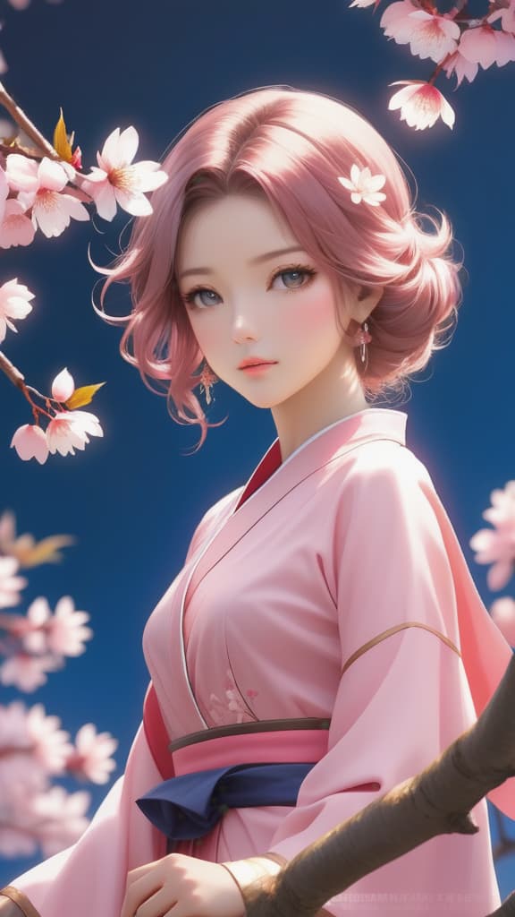  a blooming cherry blossom tree, with delicate pink petals set against a clear dark blue sky.