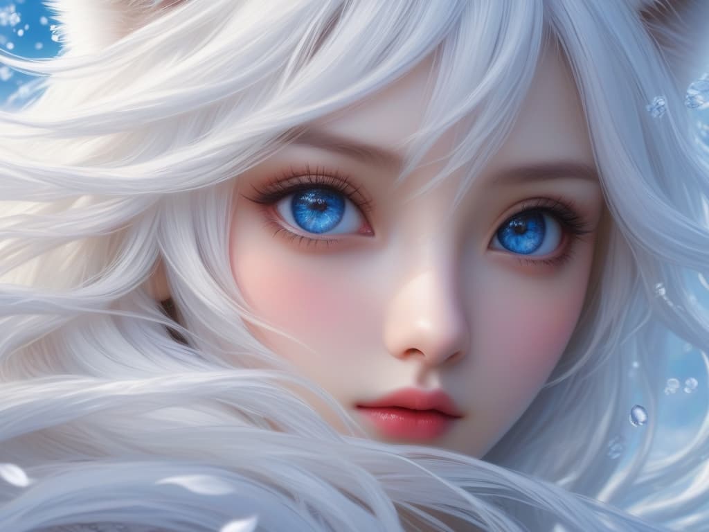  masterpiece,best quality,official art,extremely detailed cg 8k wallpaper,(flying petals) (detailed ice),crystals texture skin,1girl,cold expression,((fox ears)),white hair,long hair,messy hair,blue eye,looking at viewer,extremely delicate and beautiful,water,((beauty detailed eye)),highly detailed,cinematic lighting,((beautiful face), fine water surface, (original figure painting), ultra detailed, incredibly detailed, (an extremely delicate and beautiful), beautiful detailed eyes, (best quality)