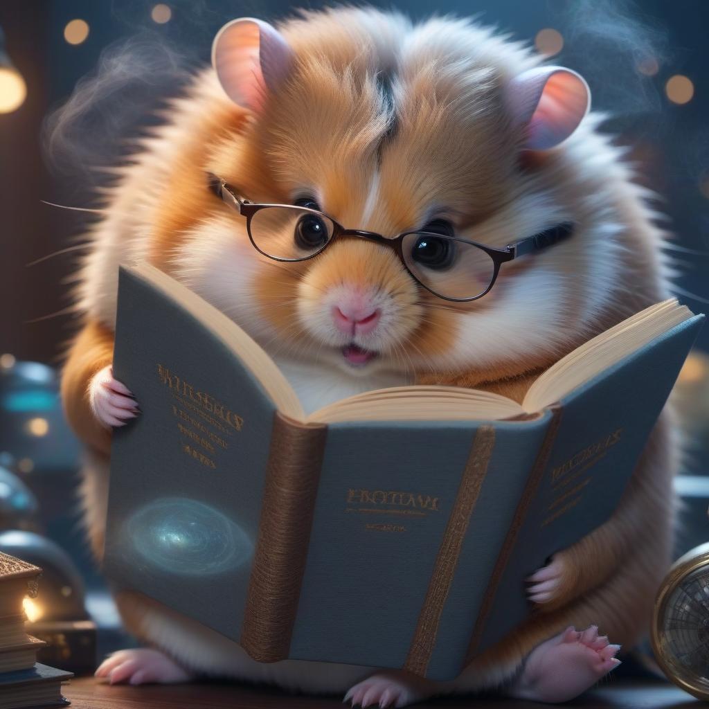  A fat hamster with glasses is reading a book hyperrealistic, full body, detailed clothing, highly detailed, cinematic lighting, stunningly beautiful, intricate, sharp focus, f/1. 8, 85mm, (centered image composition), (professionally color graded), ((bright soft diffused light)), volumetric fog, trending on instagram, trending on tumblr, HDR 4K, 8K