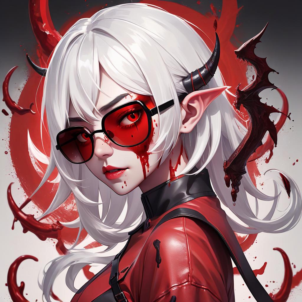  advertising poster style demon , white hair, asian, red shades, blood on the face, . professional, modern, product focused, commercial, eye catching, highly detailed