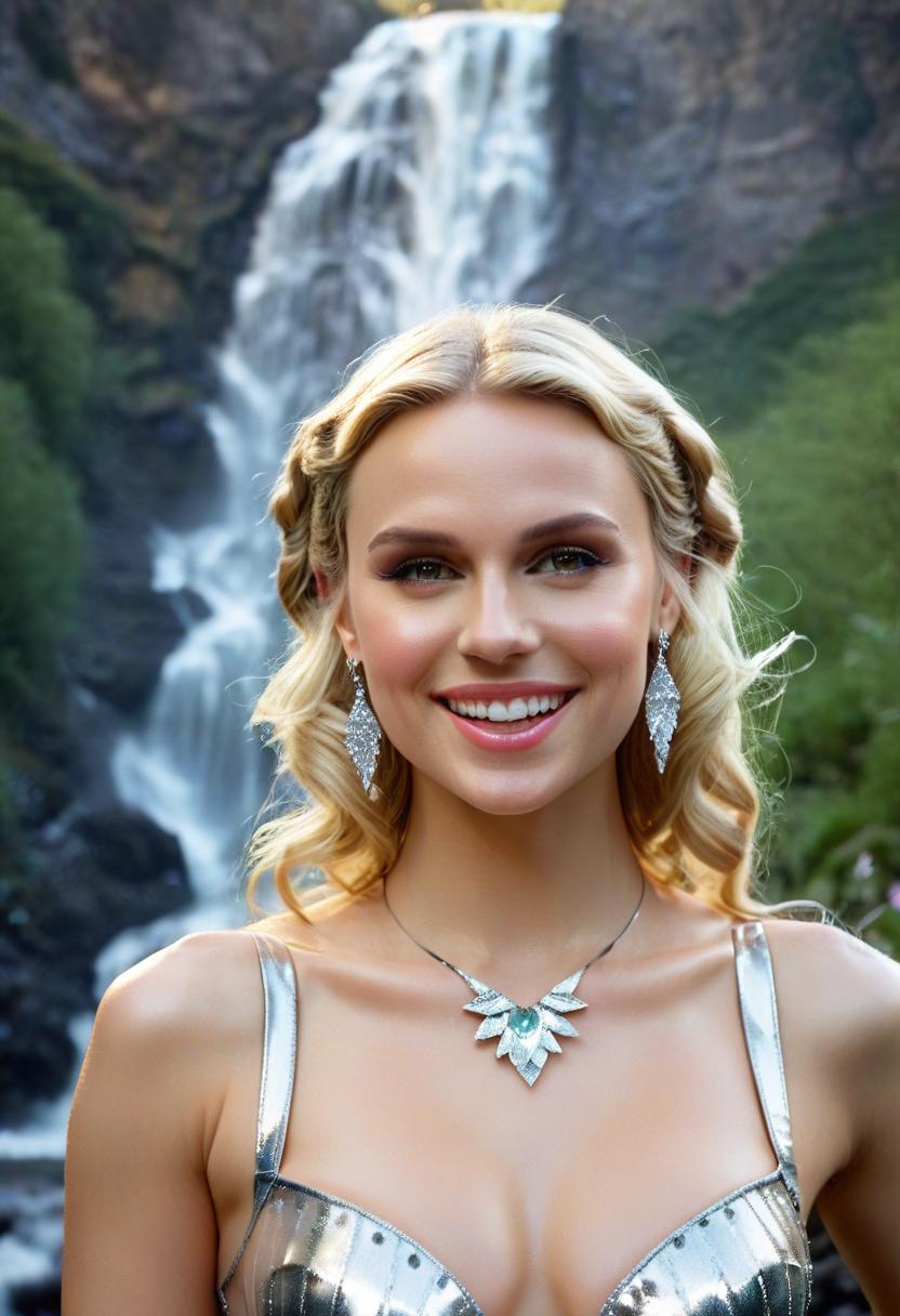  cinematic film still cosplay of an elf girl, a smiling blonde similar to mia malkova, a translucent silver colored dress in the zoostrian style with swarovski crystals, victoria secret underwear, beautiful earrings, twiggy makeup, a waterfall in the background. . shallow depth of field, vignette, highly detailed, high budget, bokeh, cinemascope, moody, epic, gorgeous, film grain, grainy, film photography style