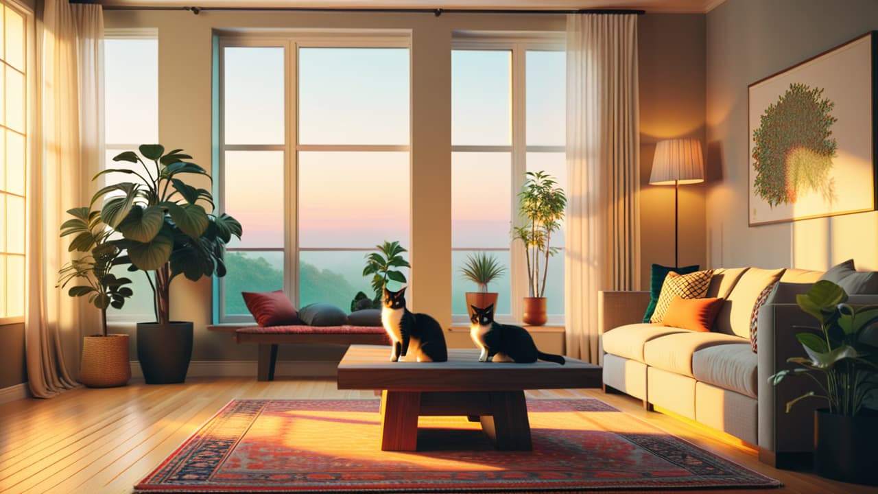  a cozy living room corner featuring two elegant cat trees: one tall with plush platforms and scratching posts, the other short and wide with soft, cushioned beds, surrounded by warm lighting and houseplants. hyperrealistic, full body, detailed clothing, highly detailed, cinematic lighting, stunningly beautiful, intricate, sharp focus, f/1. 8, 85mm, (centered image composition), (professionally color graded), ((bright soft diffused light)), volumetric fog, trending on instagram, trending on tumblr, HDR 4K, 8K