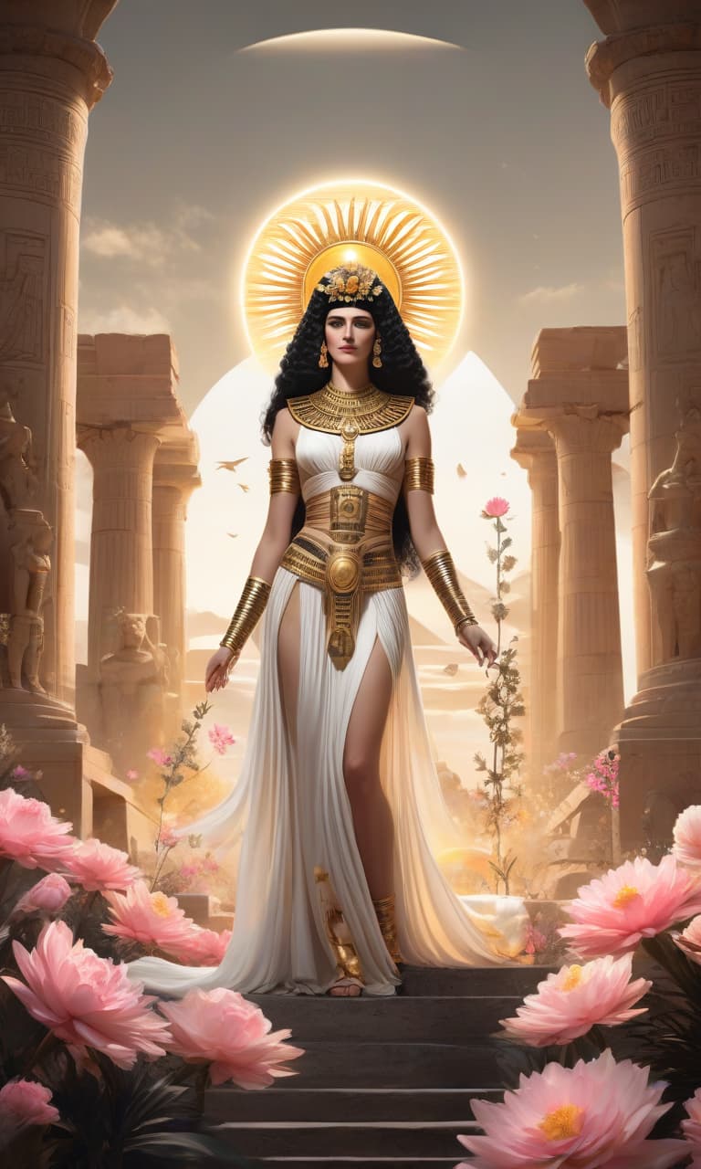  concept art black, white, gold, pink cleopatra holds the sun in her hands, many flowers near sphinx . digital artwork, illustrative, painterly, matte painting, highly detailed, perfect hands