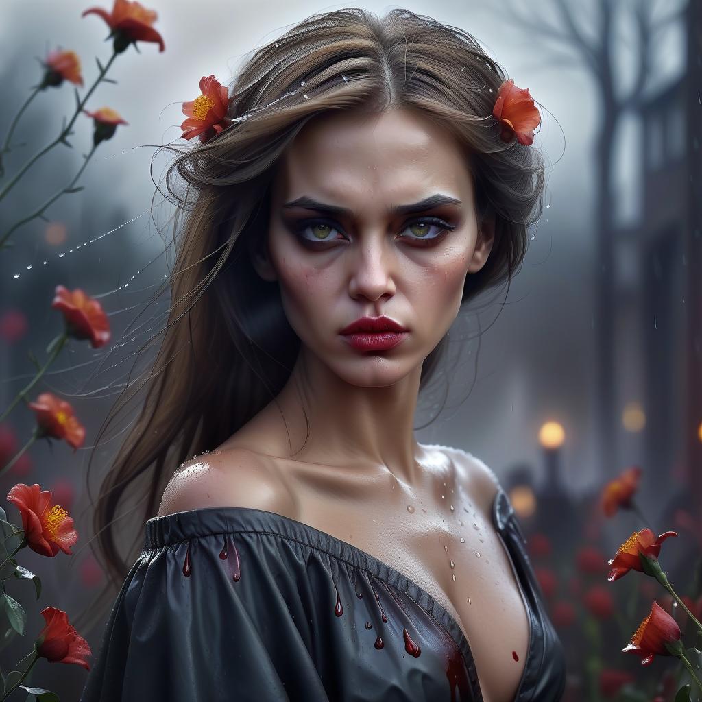  a girl with a brooding look and bloody hair, a graceful and beautiful figure with features reminiscent of angelina jolie and jessica alba bright lips high cheekbones and expressive eyes. high detail, around it gentle twinkling fire, half brown flowers winding around, a dull background with fog and soft light, a mysterious and slightly gloomy atmosphere, a light wind moves hair and clothes, rain drops sparkle on the skin