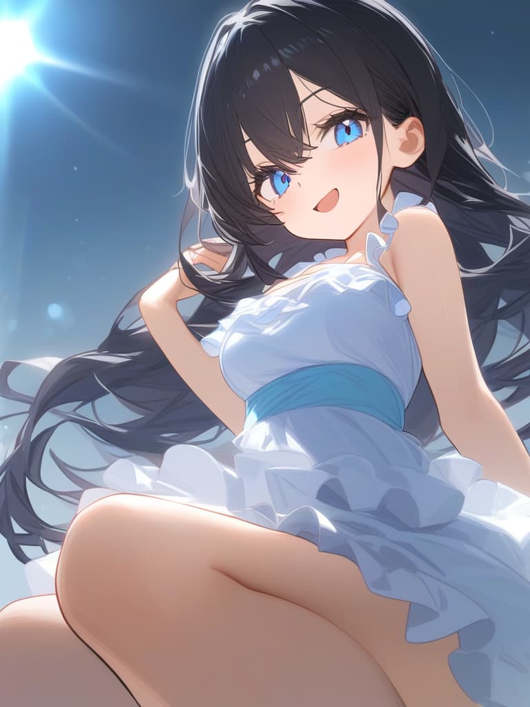  cute face focus,cute,black hair,light blue eyes,cute posing,frill onepiece,long hair,adult