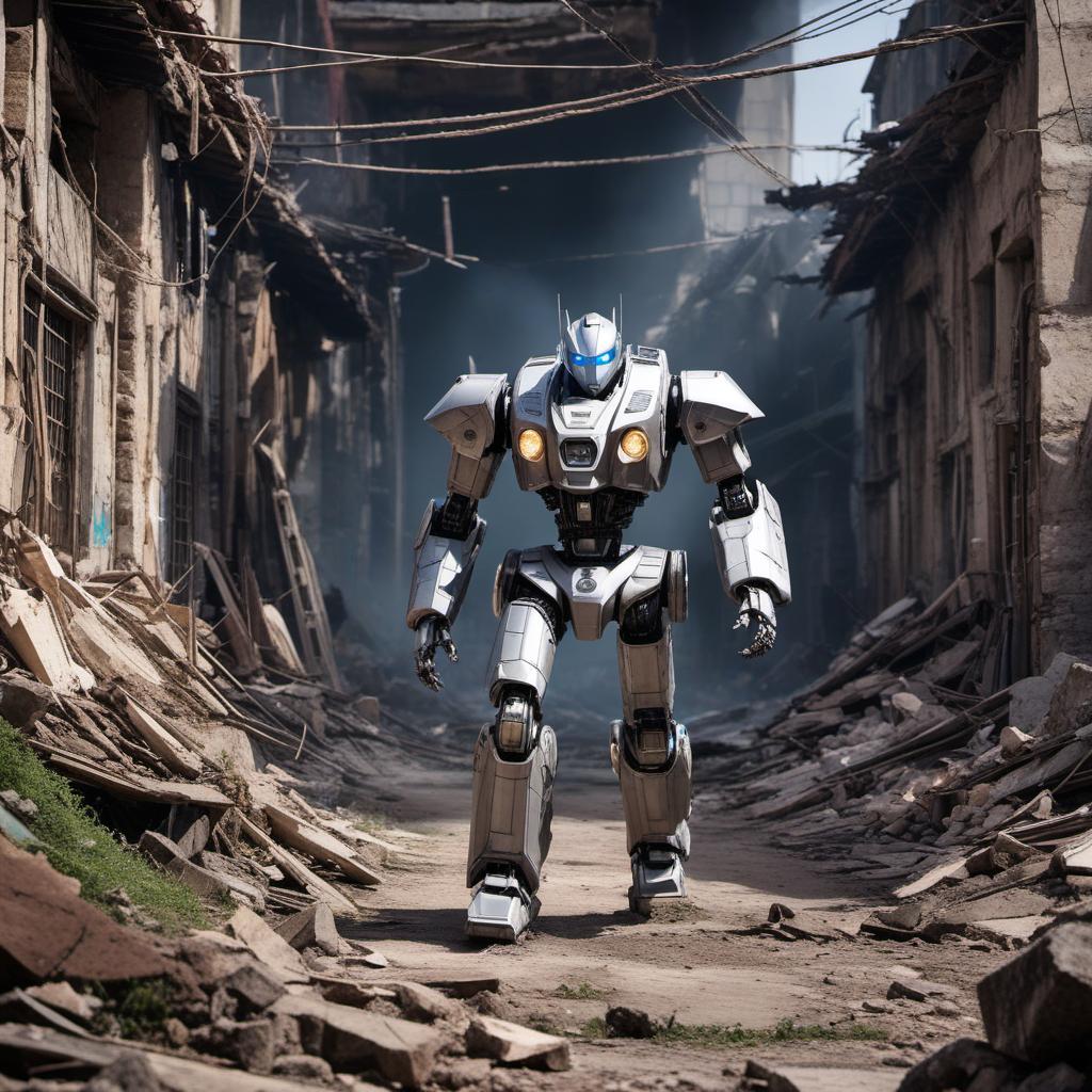  un robot rouillé qui marche dans une grande ville en ruines , profile image style