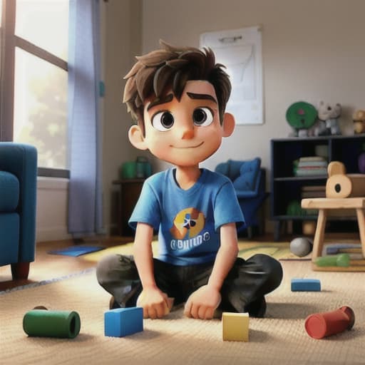  in a cozy living room filled with toys and games, a young boy sits cross legged on a soft rug, surrounded by his friends. the room is filled with laughter and chatter as the children engage in a game of building blocks. the boy, with a determined expression on his face, carefully places a block on top of the tower he and his friends are constructing together. as he does so, he glances at the blocks in his hand and then at his friends, his brow furrowed in concentration. his friend sitting next to him eagerly reaches for a block, ready to add it to the tower. the boy, however, gently places a hand on the block, signaling that he is not yet done. with a smile, he gestures for