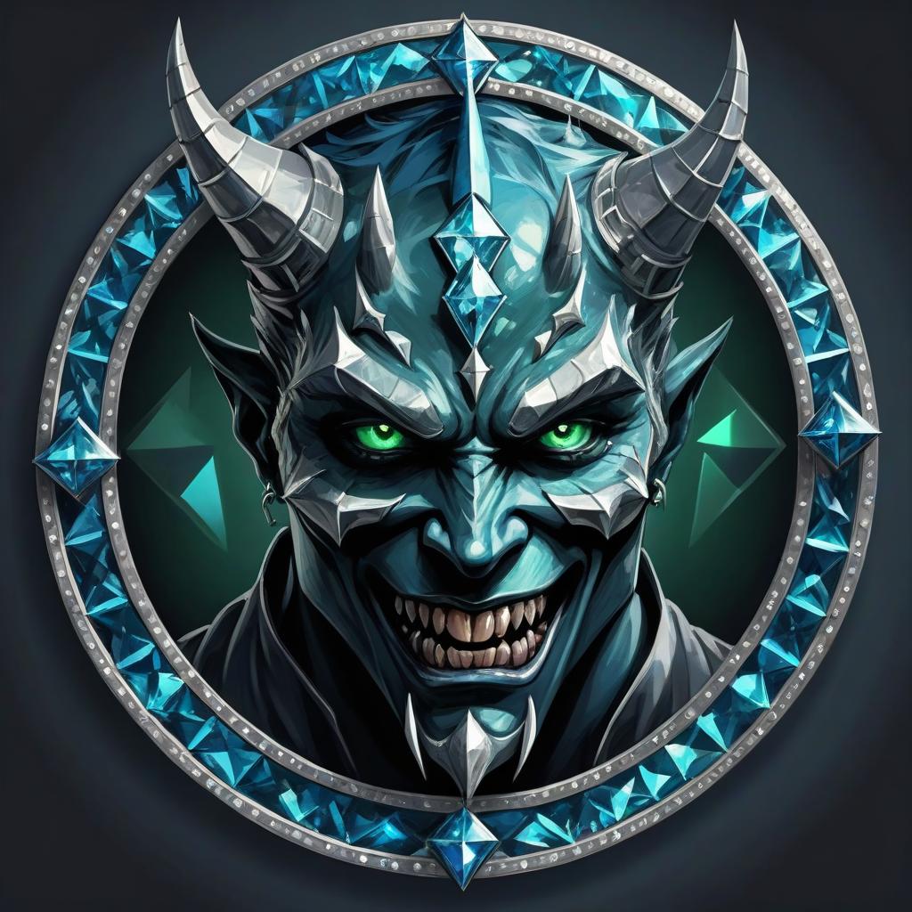  diamond devil, portrait. dark green eyes, man. hair gray. with fangs and horns. colors blue, blue, silver