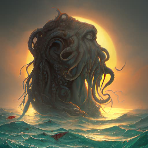  cthulhu on the background of sunset stands in the sea holding a square sheet of white paper, dark , creepy , blood , monsters , by jason engle , carlos huante , charlie bowater , simon lee , brom