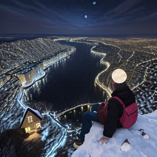  Under the bright moonlight, thousands of homes are brightly lit, a person sits on a cliff and looks at the world below, and it snows in the sky.