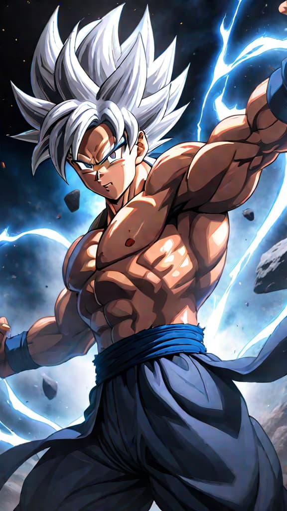  goku in ultra instinct form, silver hair shining, facing jiren in the tournament of power arena, dragon ball super, anime art hyperrealistic, full body, detailed clothing, highly detailed, cinematic lighting, stunningly beautiful, intricate, sharp focus, f/1. 8, 85mm, (centered image composition), (professionally color graded), ((bright soft diffused light)), volumetric fog, trending on instagram, trending on tumblr, HDR 4K, 8K